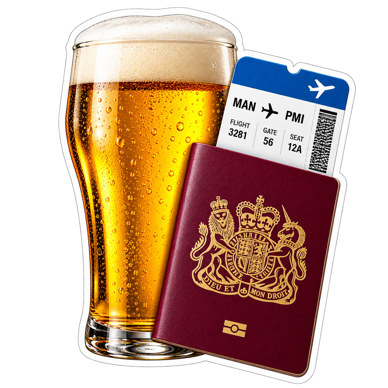 Sticker of a pint of lager with a boarding pass propped against it